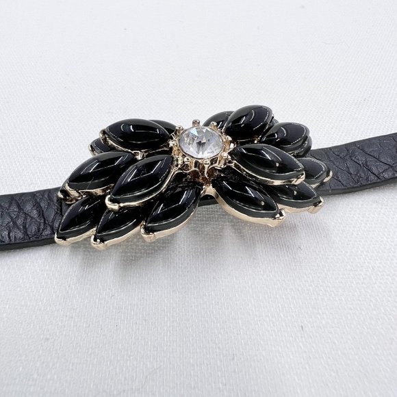 Black Jeweled Double Stacked Flower Gold Tone Black Leather 7” Bracelet - Picture 6 of 9